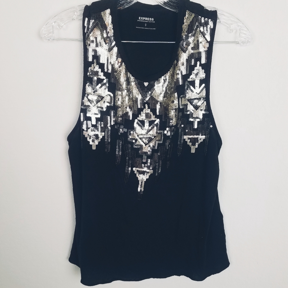Express Sequin Aztec Tribal Sleeveless  Black Top
